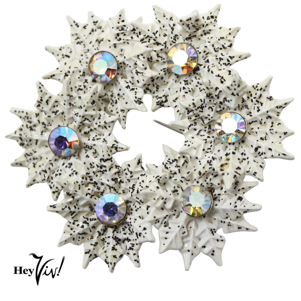 Vintage White Plastic Snowflake Wreath w Glitter Rhinestones 2" across -Hey Viv